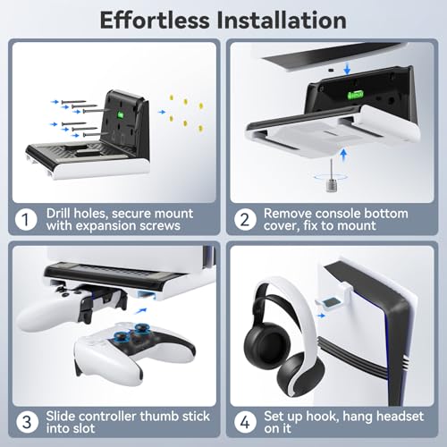 Soporte de Pared para PS5 Compatible con Consolas P5/Slim/Pro, Soporte Vertical para PS5 para Base Mando P5, Kit de Montaje en Pared para PlayStation 5 Accesorios con Gancho Auriculares, Blanco - imagen 3