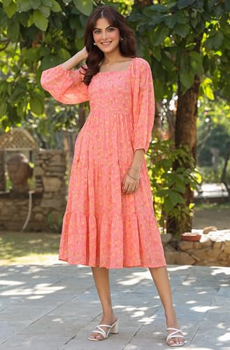 Image of Janasya Georgette Tiered Midi Women's Dresses