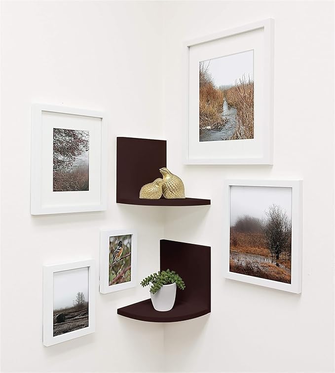 Image of Wall Mount Corner Shelves with Two Tiers for Wall Decoration and Storage Organiser Rack for Living Room, Bedroom, and Office Decor - Made of Wood (Brown)