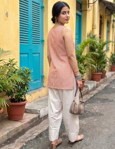 Image of Youthnic Women's Cotton Embroidered And Stripes Work Summer Wear Straight Kurti With farshi Salwar | Co Ord Set for Women Stylish | Office wear Kurta Set