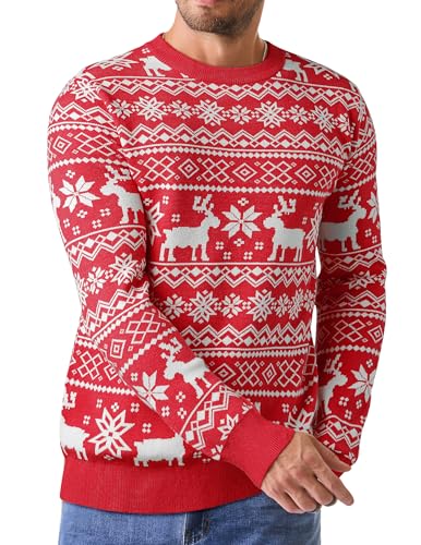 JMIERR Mens Ugly Christmas Sweater Pullover Long Sleeve 2025 Fall Pullover Sweaters Reindeer Snowflake Soft Knitted Sweaters US 46 (XL) Red