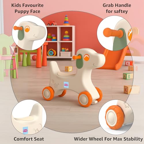 Image of Amazon Brand - Jam & Honey Baby Puppy Push On Ride On for Kids | Backrest | Easy Grip | Four Wheel | Durable and Safe | Non-Toxic | Portable | Lightweight | Animal Theme | 1-4 Years Old | Orange