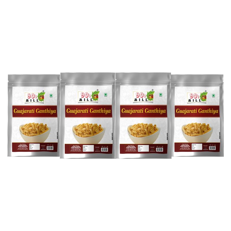90's MILL Authentic BESAN GATHIYA AJWAIN BESAN STICKS | GUJARATI FARSAN | INDIAN SNACKS | HOMEMADE AND READY TO EAT | FARSAN NAMKEEN | NO PRESERVATIVE-1Kg*4Pack