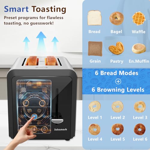 Image of SAKAMOSH Smart Toaster 2 Slice, Touch Screen, Digital Toasters with 6 Browning Levels & 6 Bread Types, Bagel, Extra Long Wide Slots, Memory Function, Timer, 800W, Stainless Steel
