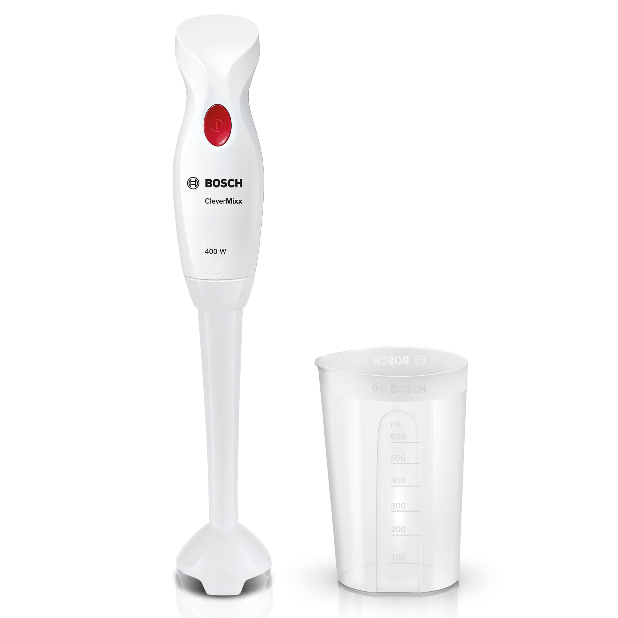 Bosch Stabmixer CleverMixx, abnehmbarer Mixfuß, Ergonomischer Griff, leichtes Gehäuse, 4-Klingen-Messer, einfache Reinigung, 400 W, weiß/rot, MSM14000
