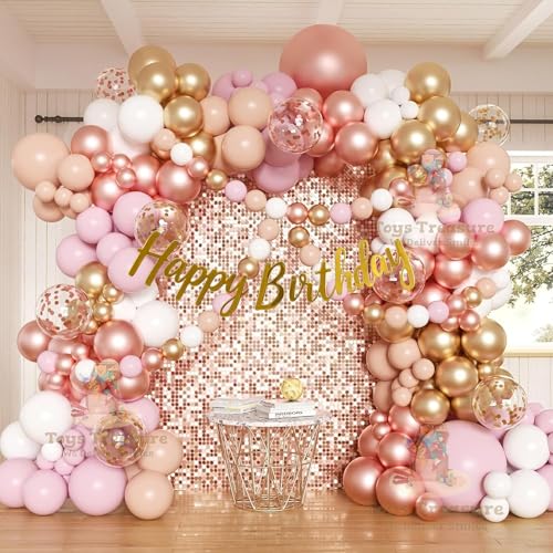Image of Rose Gold Pink Birthday Decorations 104Pc Party Kit with Balloons, Happy Birthday Banner (Card) & White Accents for Girls Birthday Party Supplies (Pink Rose Gold)