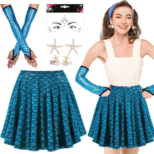 Damas traje de sirena, Falda de escamas de pescado, Accesorios para el cabello estrella de mar, Guantes de sirena, Pendientes de concha, Gemas Facial, para el carnaval de rol fiesta temática (L)