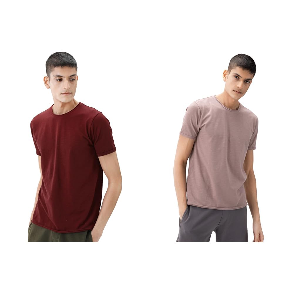 DAMENSCH Menâ€™s Slim Fit Cotton-Elastane Blend Half Sleeve Casual T-shirt | Round Neck T-shirt Pack of 2