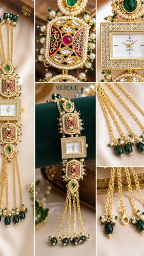 Image of Traditional Kundan Meenakari Bracelet Watch for Women | Ethnic Jewellery Analog Watch | Gold Plated Chain Designer Watch for Girls & Women