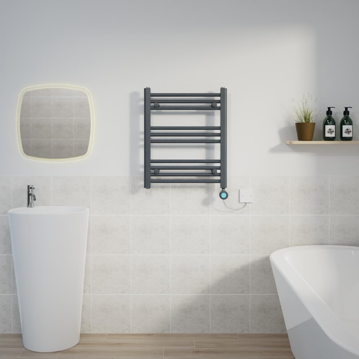 Warmehaus Anthracite 400W Electric Thermostatic Heated Towel Rail Bathroom Radiators Straight With Lcd Display Timer - 600X500mm