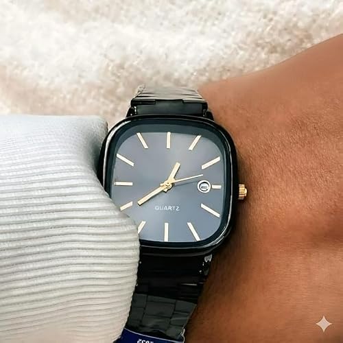 Classic Men's Watch, Black Square Frame, Stainless Steel Strap, Analog Display with Date, 30M Waterproof, Quartz Movement, Elegant Design for Events (Black)