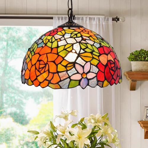 LED Lámpara colgante de mesa de comedor elegante rosas Lámpara de techo rústico Tiffany vendimia comedor lámpara de araña pantalla de cristal redonda Iluminación para Cocina Sala de Estar Oficina 30cm