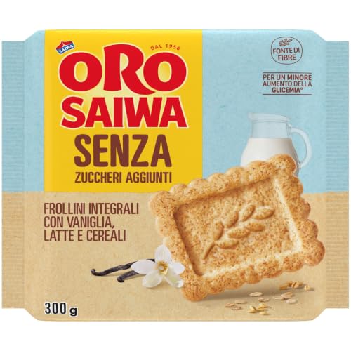 Oro Saiwa senza Zuccheri Aggiunti, Biscotti Integrali con Vaniglia, Latte e Cereali, Fonte di Fibre con Farina Integrale, 300g (6 monoporzioni da 50g)