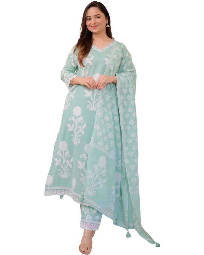 lavanya kurti Women's Mint Green Rayon V-Neck Kurta with Pant & Dupatta Set | 3 Piece Ethnic Suit for Ladies | Casual Wear Kurta Set for Women | Regular to Plus Size (S - 7XL)-picture-24
