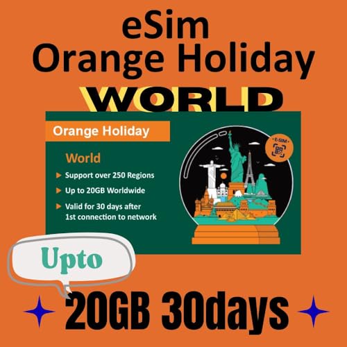 Orange Holiday Worldwide Prepaid eSIM Card 20GB Internet Data for 30 Days in 4G/LTE (Data tethering Allowed) + International SMS & Calls (International sim