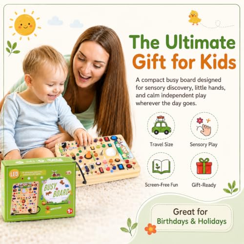 Image of Busy Board with 19 LED Light Switches, Montessori Toys for 1 2 3 Years Old, Wooden Sensory Board, Toddlers Activity Travel Toys for 1 2 3 Year Old Boy & Girl Birthday Gift (Big Farm)