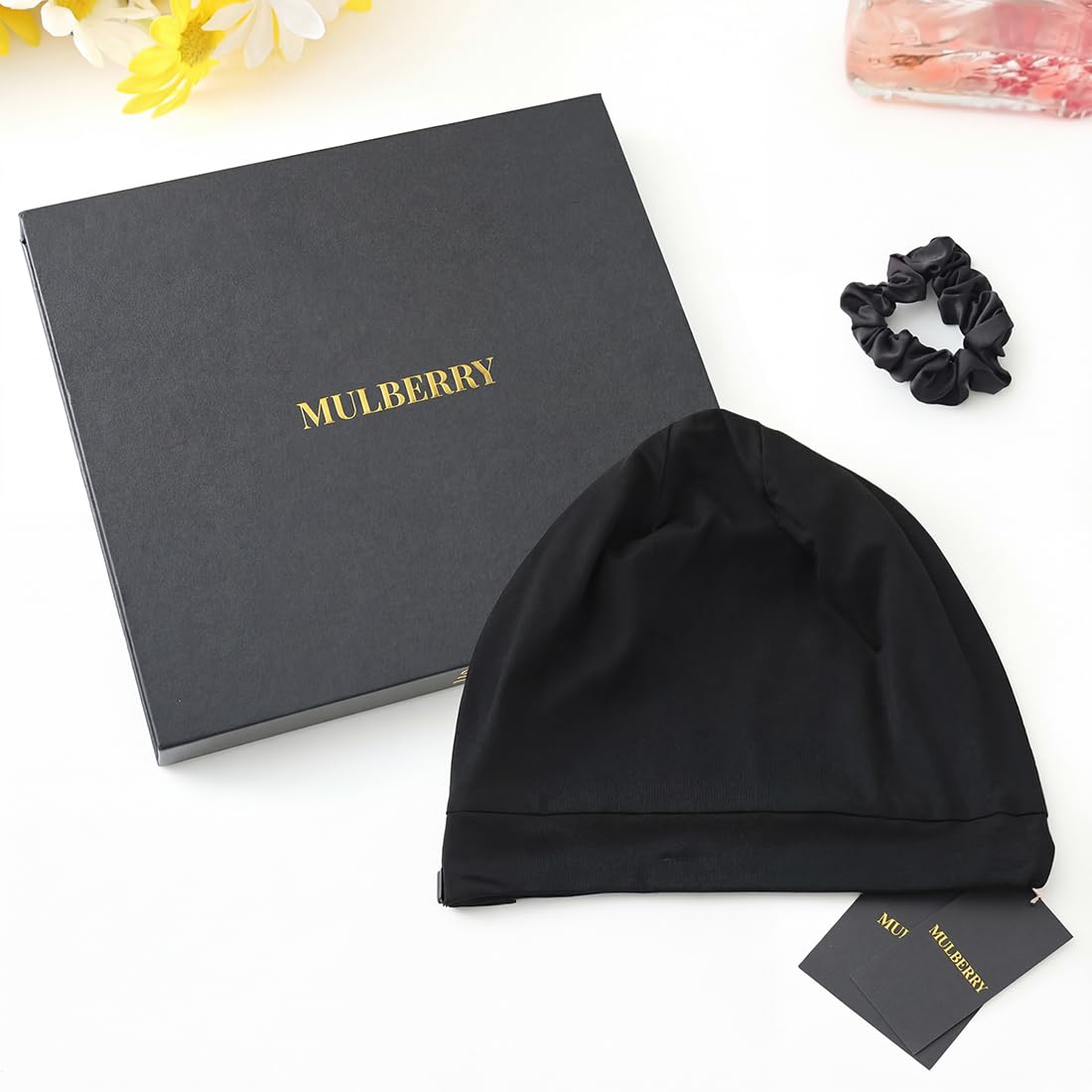Bonnet de nuit en 100 % soie de mûrier pour femme - Bonnet de nuit en soie avec fermeture réglable - Bonnet souple à doublure en soie pour boucles et cheveux longs - Noir