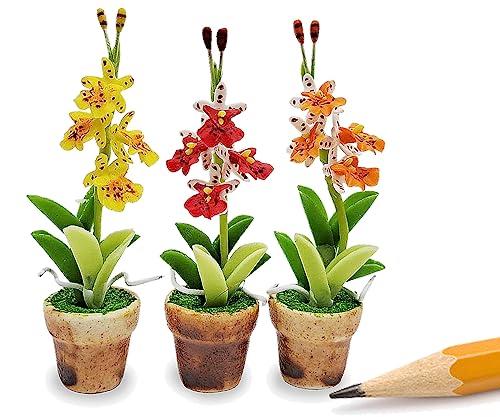 WitnyStore Tiny 2' High 3 Pieces Set Yellow Red Orange Orchid - Hand Made Artificial Flowers...