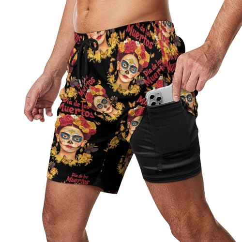Celebrating Dia De Los Muertos Woman Beach Shorts for Men Swim Trunks Quick Dry Swim Shorts with Compression Liner Pocket2