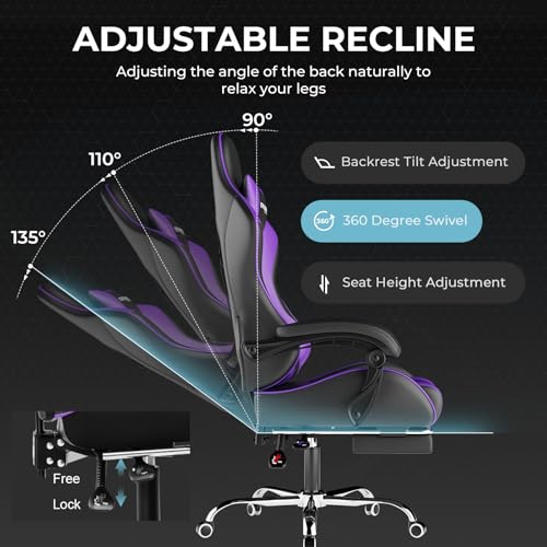GTPLAYER Gaming Chair, Computer Chair with Footrest and Lumbar Support, Height Adjustable Game Chair with 360°-Swivel Seat and Headrest and for Office or Gaming (Faux Leather, Purple)