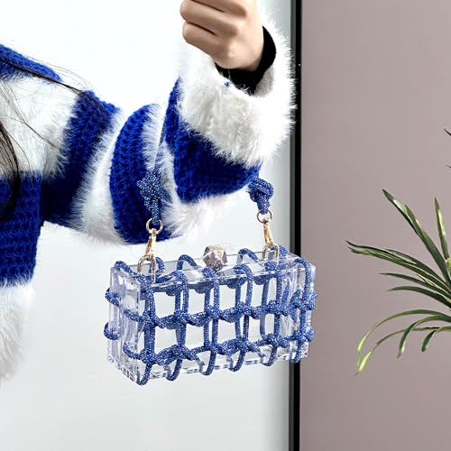 Image of Clear Acrylic Clutch, Glitter Rhinestone Purse Handbag with Bling Rope for Banquet Party (Blue)