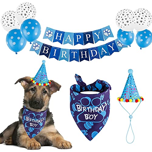 TEKCAM Juego De Pañuelo De Sombrero De Cumpleaños Para Perro Banner Globo Decoraciones De Cumpleaños Para Mascotas Per Yorkshire Terrier Caniche Pomerania Pomerania Color Azul Cover