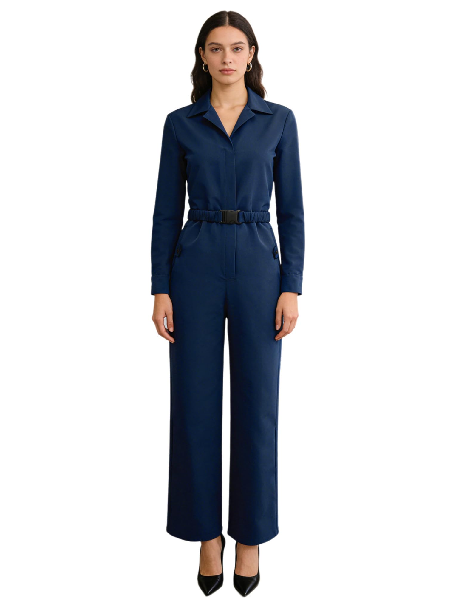 Mono de trabajo para mujer con cinturón ajustable y solapas elegantes 8