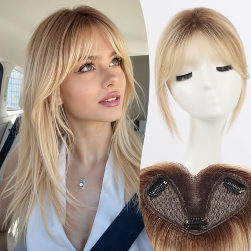 Human Hair Toppers for Women 8 Inch Real Human Hair Topper with Bangs,5"x3" Upgrade SilkHug Swiss Base Gray Root Coverage &amp; Thinning Hair（Brown to Platinum Blonde Ombre）