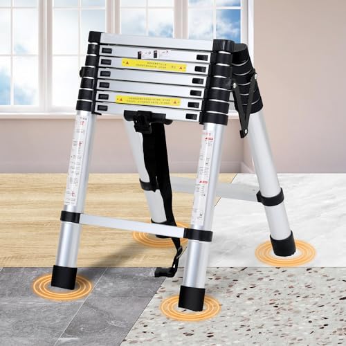 Eulenke Teleskopleiter 1.7m+2.0m Aluminium Trittleiter - 5+6 Stufen Tragbare rutschfeste Klappleiter - 150 kg Belastbarkeit Stehleiter - Aluleiter für Drinnen Draußen - Anlegeleiter - Haushaltsleiter