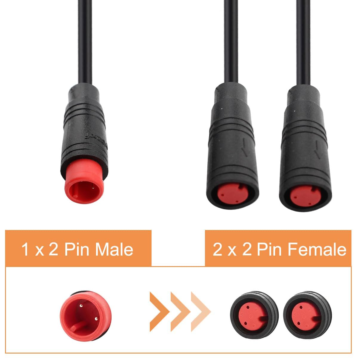 RUNCCI-YUN 2 szt. Rozdzielacz Ebike, 2-pinowe złącze Ebike, kabel żeński i męski 1 do 2 wodoodporne złącze 2-pinowe do ebików, czujnika przekładni i hamulca konwersji