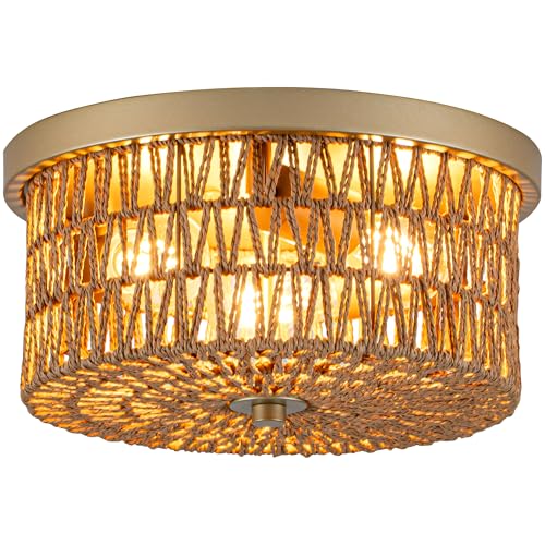 Lzglyptics Rattan Ceiling Light, 3 Light Boho Light Fixture, Round Woven Flush Mount Ceiling Light for Entryway, Hallway, Bedroom, Kitchen