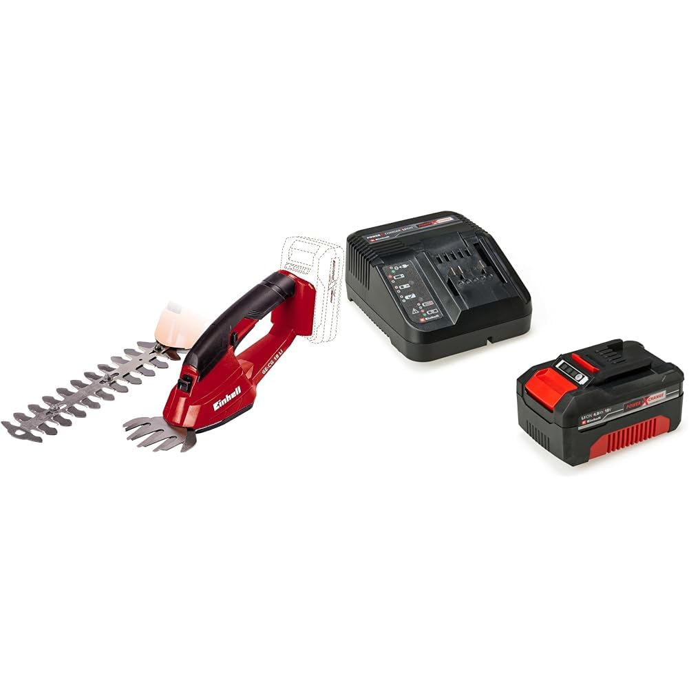 Einhell 3410370 Forbici e sfoltirami a Batteria, 18 V, Rosso + Power-X-Change Starter Kit, Caricabatteria e Batteria da 4000 mAh Li-Ion, Nero, Rosso