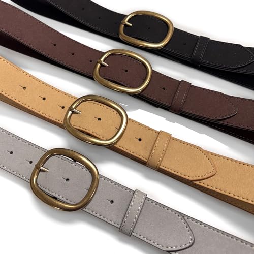 Rounded Edge & Antique Gold Oval Buckle Casual Jean Suede Leather Belt 1-1/2"(38mm) or 1"(25mm) Wide4