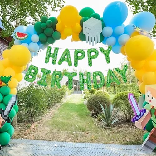 Image of Green Pixel Miner Theme Happy Birthday Balloons Banner 16 Inch Letters, Inflatable Party Decor and Birthday Decorations for Women, Men, Boys & Girls Kids and Adults, Party Supplies