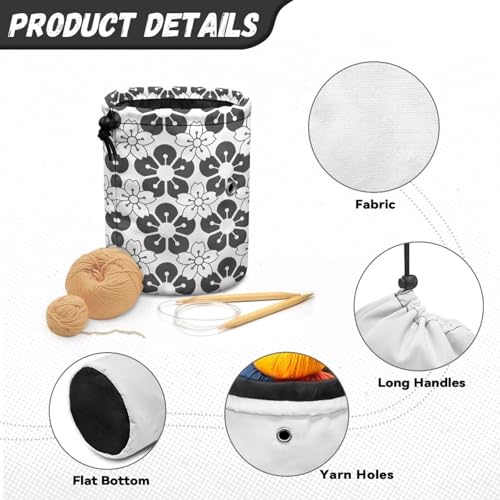 Image of Sellikakes Black White Cherry Blossom Yarn Bag Crochet Storage Organizer, Knitting Yarn Holder for Chrocheting Project, Store Skein Ball, Short Knitting Needle