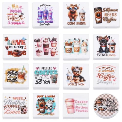 WEWAYSMILE 16 Piezas Cuentas de Silicona Cuadradas Cuentas De Silicona Focales Perlas Espaciadoras De Silicona A Granel Para Llaveros,Joyas(Temática De Animales De Café)