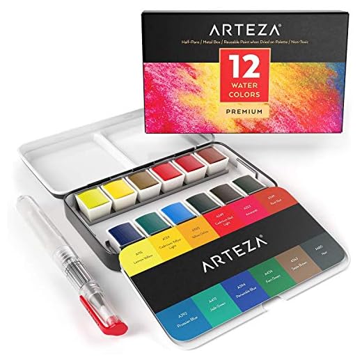 ARTEZA Estuche de pinturas de acuarela | 12 medias pastillas | 12 Colores surtidos | Incluye 1 pluma de pincel de agua