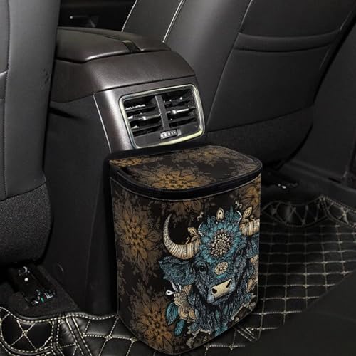 Image of Talayituse Highland Cattle Flower Print Car Trash Bin, Large Size Auto Trash Can Adjustable Portable Garbage Can with Lid, Vehicle Hanging Bag for Headrest Front Back Seat