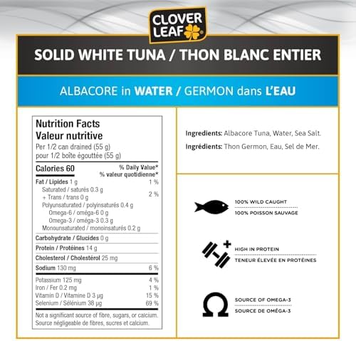 Clover Leaf Solid White Albacore Tuna in Water - 170g, 3 Count - Canned Fish - High in Protein, 14g per 55g Serving Drained - 100% Wild-Caught and Traceable Tuna - Trace My Catch