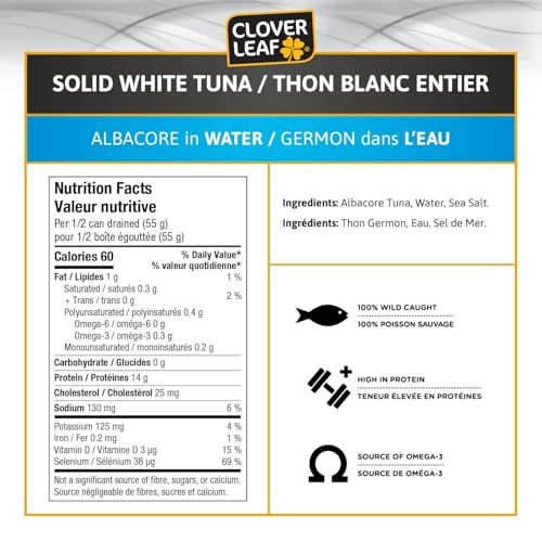 Clover Leaf Solid White Albacore Tuna in Water - 170g, 3 Count - Canned Fish - High in Protein, 14g per 55g Serving Drained - 100% Wild-Caught and Traceable Tuna - Trace My Catch