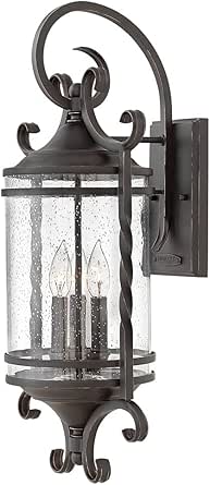Hinkley Casa Three Light Wall Mount Outdoor Lantern, Aluminum, Clear Seedy Glass, Wrought Iron Details, Hand Forged Scrolling -Olde Black Finish