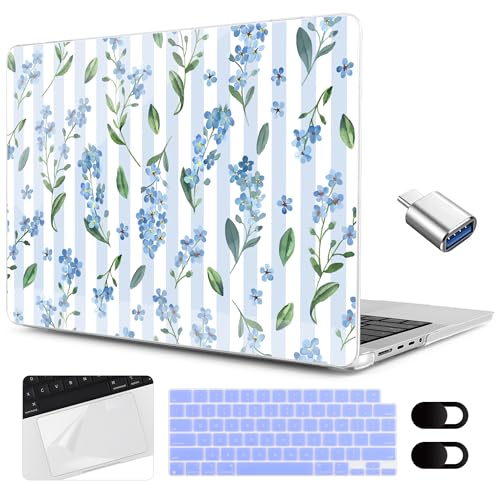 Image of MEEgoodo Case for M5 MacBook Pro 16 inch Case 2026 2024 2023 2021 with M5 M4 M3 M2 M1 Pro /Max Chip, Fit Model A3429 /A3428 /A3403 /A3186 /A2991 /A2780 /A2485, Blue Watercolor Flowers&Stripes