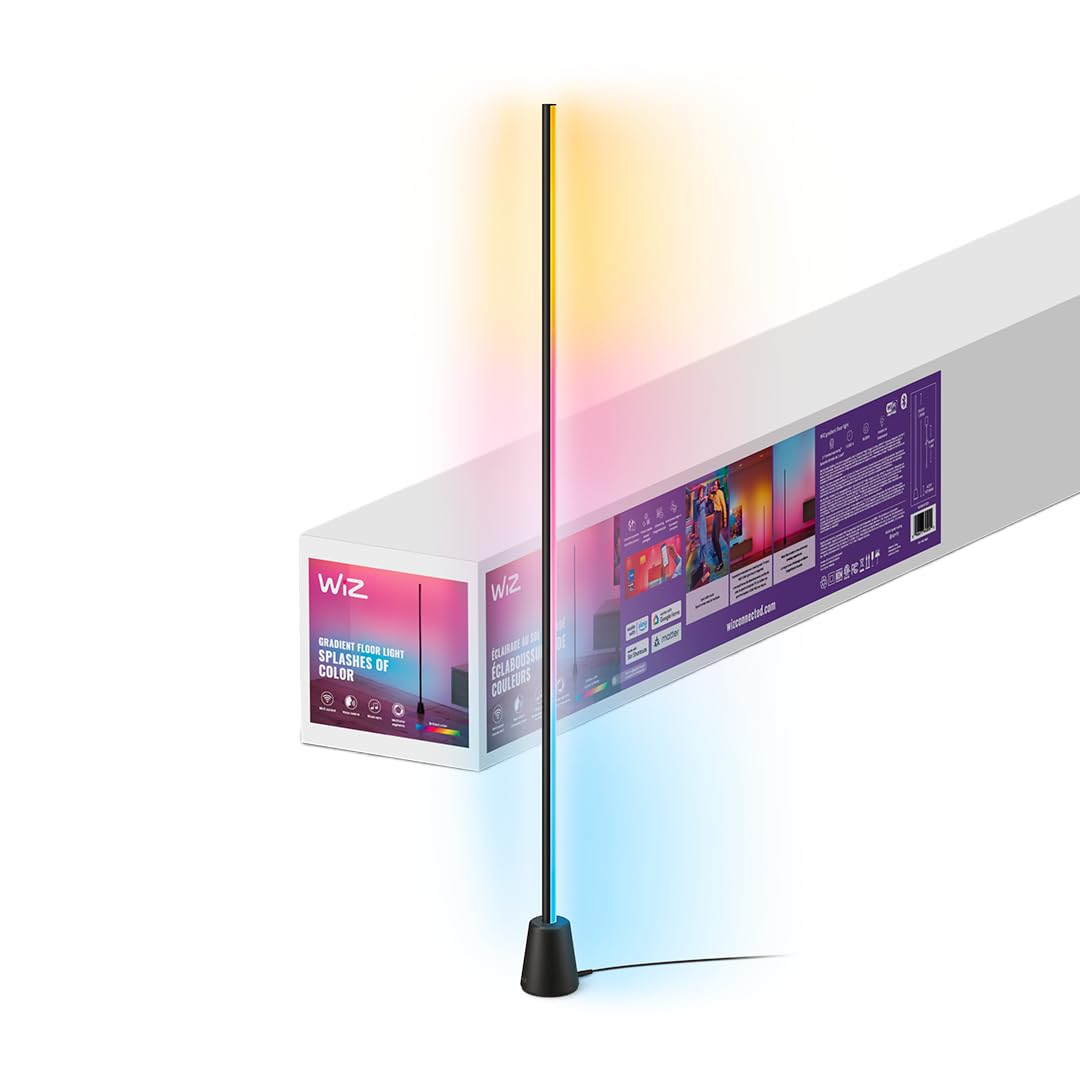 wiz connected gradient floor light, multi-color led light strip, sleek design and easy setup, rgbic led strip lights, floor lamp connects to wi-fi, voice/app control