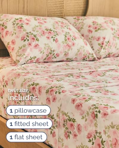 Image of Twin 4 Piece Boho Botanical Floral Sheet Set - Breathable & Cooling - Bloom | 1 Flat, 1 Fitted & 2 Pillowcases w / Deep Pockets, Boho Botanical Floral Bedding, Breathable & Cooling, Wrinkle & Fade Free