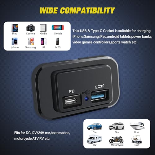 Image of Nilight 2 Pack Socket Panel 12V 24V Dual USB Outlet PD Type C QC3.0 | Surface Mount 48W Fast Waterproof for Automotive RV Marine Boat Motorcycle Truck
