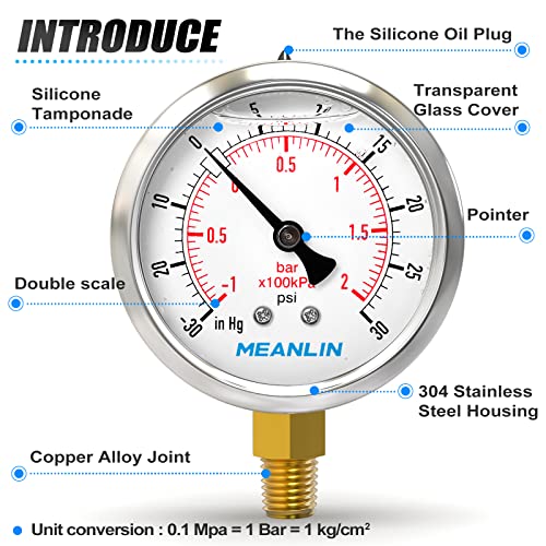 Image of MEANLIN MEASURE -30inHG~30Psi Stainless Steel 1 /8 inch NPT 2.5 inch FACE DIAL Vacuum Pressure Gauge, Lower Mount, with 1 /4 inch NPT and 3 /8 inch NPT Hex Bushing