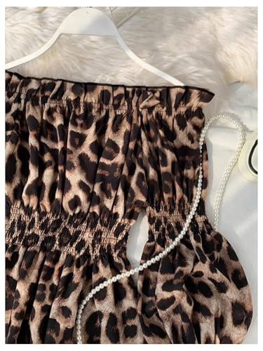 SOLY HUX Women's Leopard Print Blouse Off Shoulder Flounce Long Sleeve Ruffle Hem Peplum Tops4
