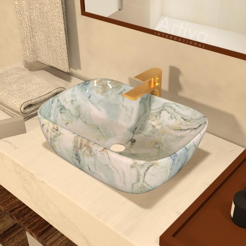Image of Artiva Table Top Wash Basin For Bathroom(10 inchx14 inch Inch) /Small Ceramic Counter Top Basin /Green Bathroom Sink /Oval Basin /Osian Green