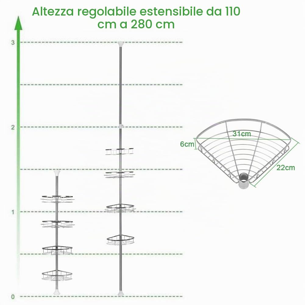 Mensola da doccia telescopica con 4 ripiani, in acciaio inox, senza foratura, regolabile in altezza da 110 a 280 cm, colore argento