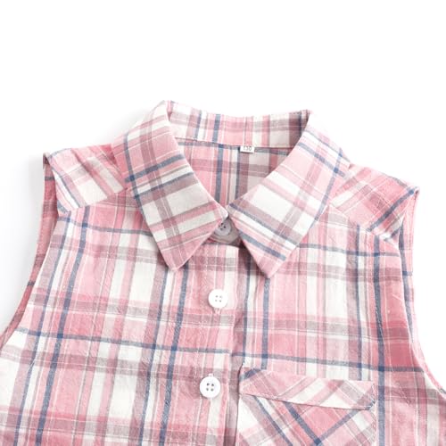 Girls Western Shirt Plaid Sleeveless Button Down Cowgirl Outfits Tie Knot Blouse Shirts4